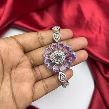 Floral Crystal Bracelet, Lavender Pear-Cut CZ Statement Cuff, Silver-Tone Flower Jewelry 3