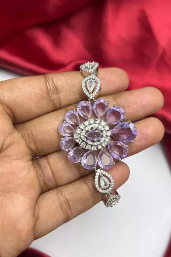 Floral Crystal Bracelet, Lavender Pear-Cut CZ Statement Cuff, Silver-Tone Flower Jewelry