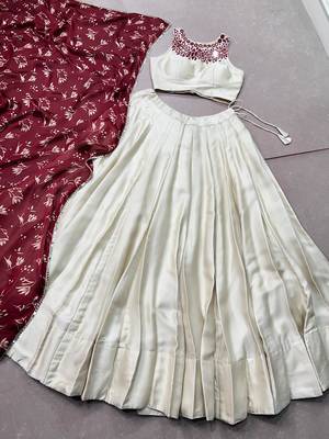 women off white monga silk plain lehenga choli with embroidered blouse and printed dupatta - free size 5