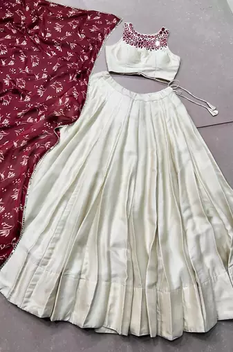 women off white monga silk plain lehenga choli with embroidered blouse and printed dupatta - free size