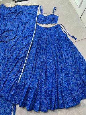 women royal blue bandhej printed georgette lehenga choli with dupatta - free size 5