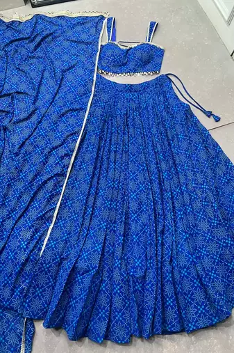 women royal blue bandhej printed georgette lehenga choli with dupatta - free size