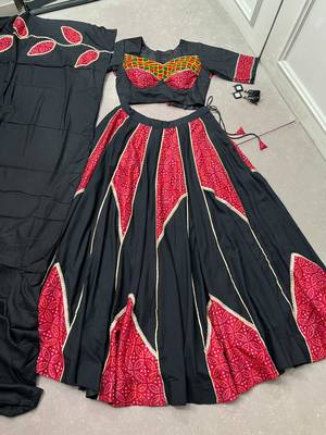 navratri special ajrakh printed rayon lehenga choli with gota patti lace - free size 5