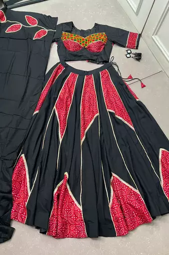 navratri special ajrakh printed rayon lehenga choli with gota patti lace - free size