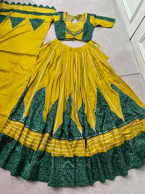 navratri special ajrakh printed rayon lehenga choli with gota patti lace - free size 5