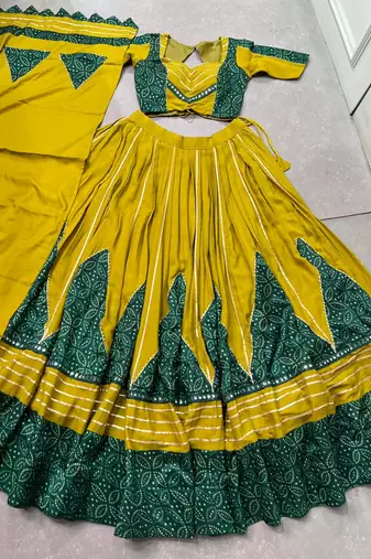 navratri special ajrakh printed rayon lehenga choli with gota patti lace - free size