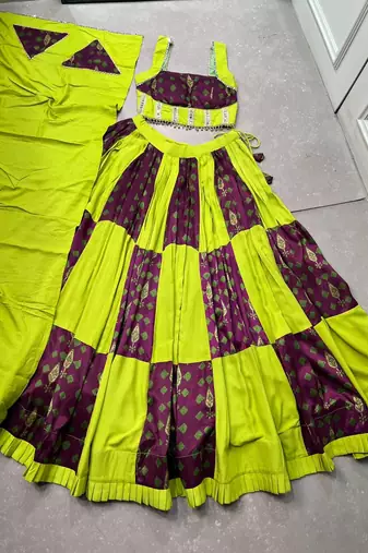 navratri special ajrakh printed rayon lehenga choli with gota patti lace - free size
