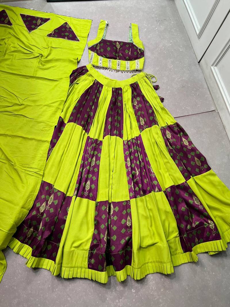 navratri special ajrakh printed rayon lehenga choli with gota patti lace - free size