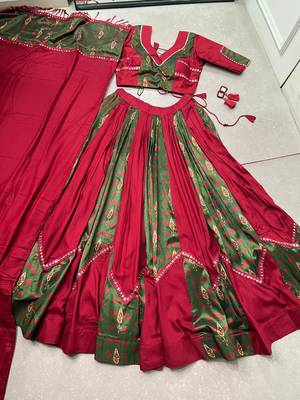 navratri special ajrakh printed rayon lehenga choli with gota patti lace - free size 5