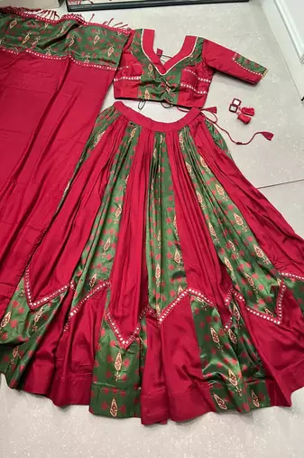 navratri special ajrakh printed rayon lehenga choli with gota patti lace - free size