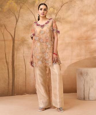 Beige gold embroidered tissue silk co ord set 1