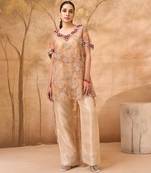 Beige gold embroidered tissue silk co ord set