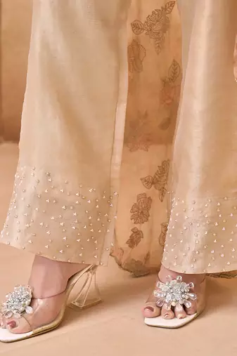 Beige gold embroidered tissue silk co ord set