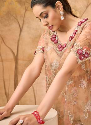 Beige gold embroidered tissue silk co ord set 4