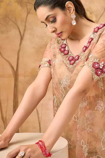 Beige gold embroidered tissue silk co ord set