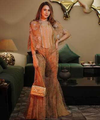 Yellowish brown embroidered organza sharara co ord set 2