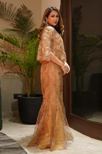 Yellowish brown embroidered organza sharara co ord set