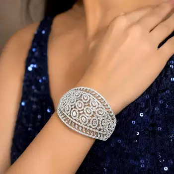 Oval Cubic Zirconia Statement Cuff Bracelet, Silver-Tone Openwork Bangle 1