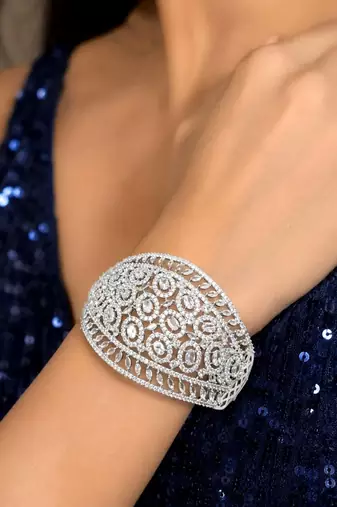Oval Cubic Zirconia Statement Cuff Bracelet, Silver-Tone Openwork Bangle