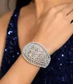 Oval Cubic Zirconia Statement Cuff Bracelet, Silver-Tone Openwork Bangle