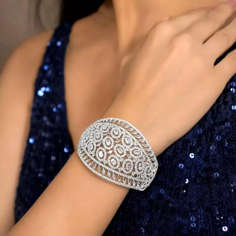 Oval Cubic Zirconia Statement Cuff Bracelet, Silver-Tone Openwork Bangle