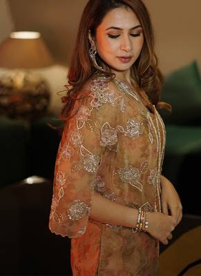 Yellowish brown embroidered organza sharara co ord set 5
