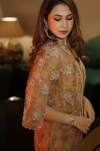 Yellowish brown embroidered organza sharara co ord set