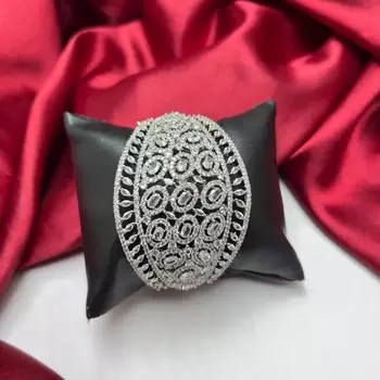 Oval Cubic Zirconia Statement Cuff Bracelet, Silver-Tone Openwork Bangle 2