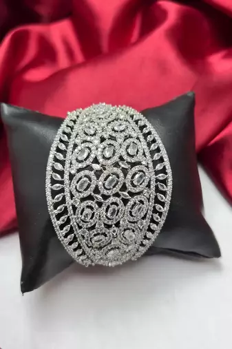 Oval Cubic Zirconia Statement Cuff Bracelet, Silver-Tone Openwork Bangle