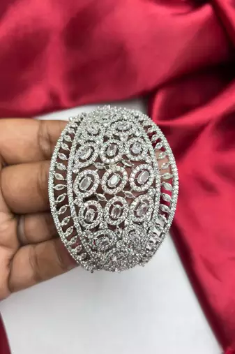 Oval Cubic Zirconia Statement Cuff Bracelet, Silver-Tone Openwork Bangle