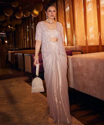 Blush lilac embroidered organza drape skirt set 1