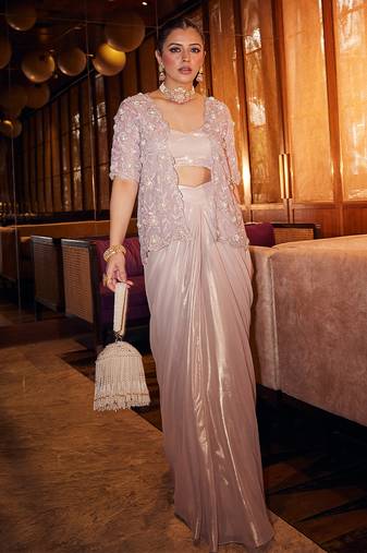 Blush lilac embroidered organza drape skirt set