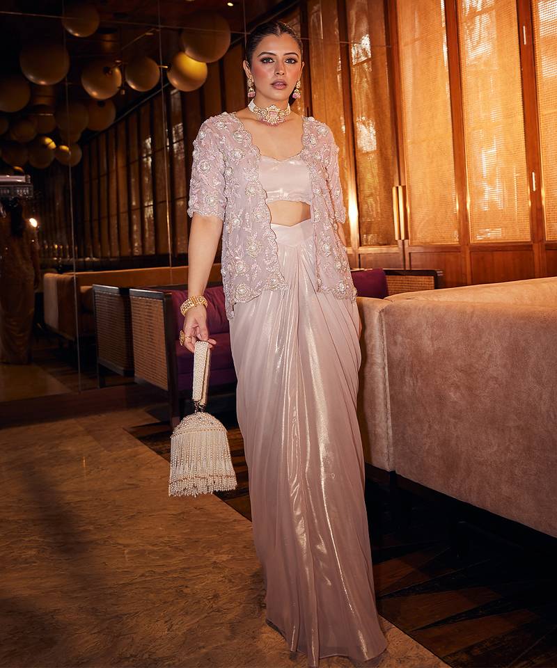 Blush lilac embroidered organza drape skirt set