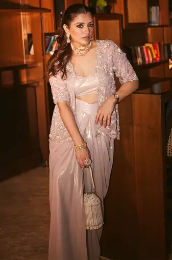Blush lilac embroidered organza drape skirt set