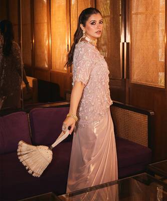Blush lilac embroidered organza drape skirt set 3