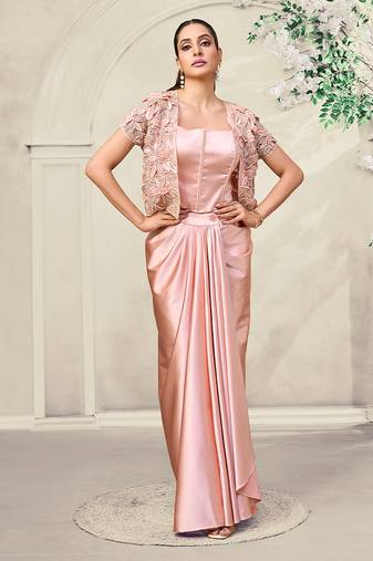 Blush pink embroidered satin corset skirt set