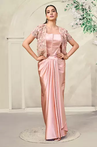 Blush pink embroidered satin corset skirt set