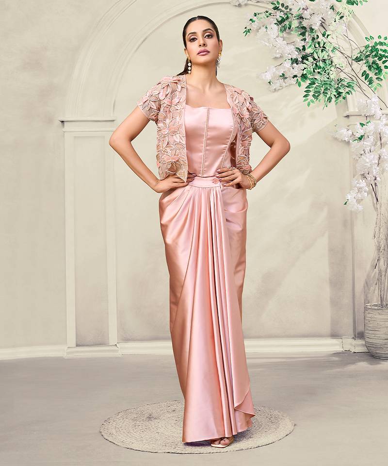 Blush pink embroidered satin corset skirt set