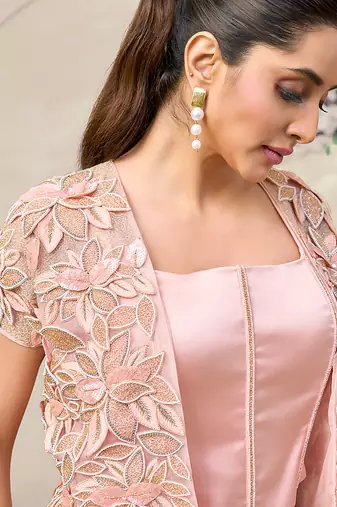 Blush pink embroidered satin corset skirt set