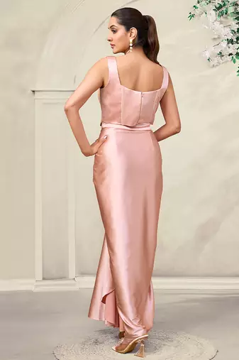 Blush pink embroidered satin corset skirt set