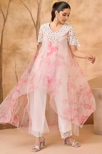 Pink and white embroidered dupion mononet co ord set