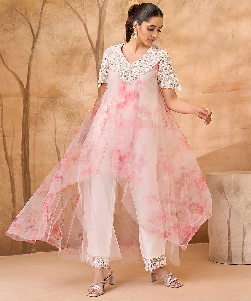 Pink and white embroidered dupion mononet co ord set
