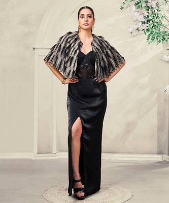 Black embroidered lace gown and cape jacket 1