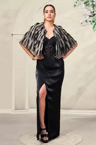Black embroidered lace gown and cape jacket