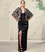 Black embroidered lace gown and cape jacket