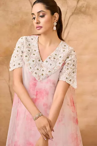 Pink and white embroidered dupion mononet co ord set