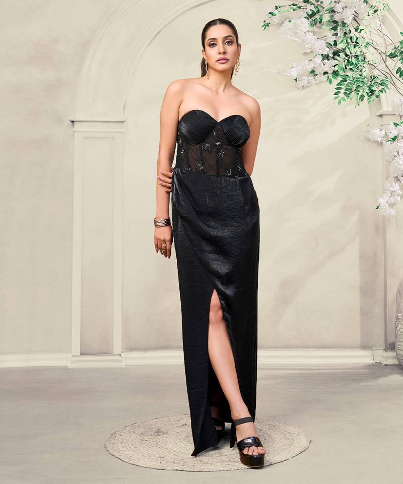 Black embroidered lace gown and cape jacket