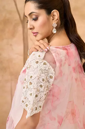 Pink and white embroidered dupion mononet co ord set