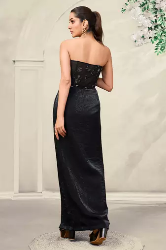Black embroidered lace gown and cape jacket