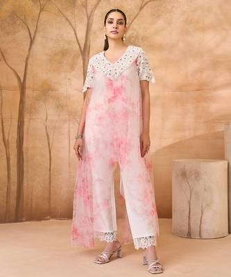 Pink and white embroidered dupion mononet co ord set 4
